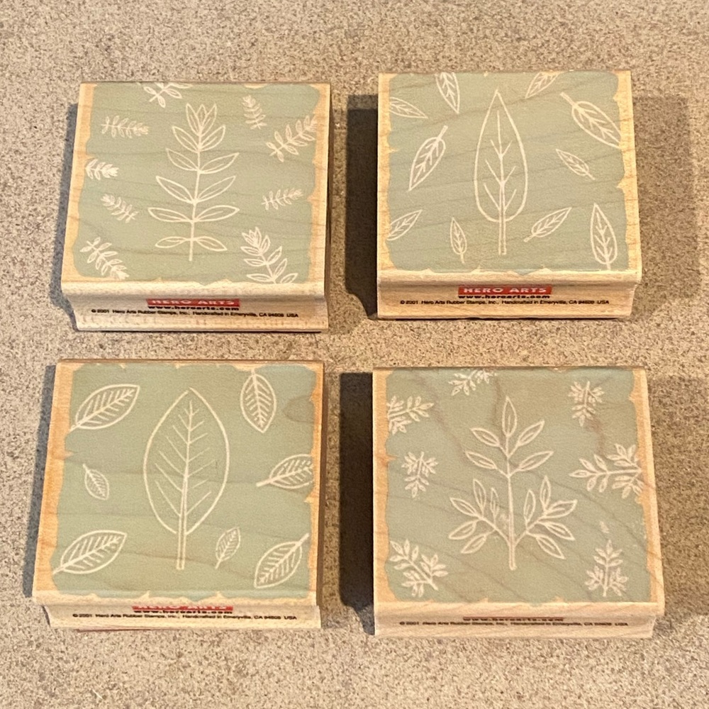 Set of 4 Wood Block Rubber Stamps Leaves Hero Arts
